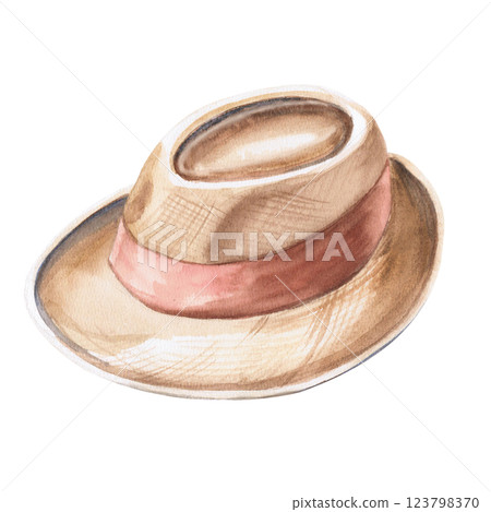 Straw men's hat as a vacation attribute. Isolated watercolor illustration for clothing store design, headwear, travel blogs. Straw men's hat as a vacation attribute. Isolated watercolor illustration for clothing store design, headwear, travel blogs. 123798370