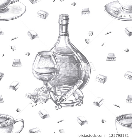 Seamless pattern on white background with cognac and cigar, Pencil illustration on food theme for restaurant interior design, menu, culinary magazines. Seamless pattern on white background with cognac and cigar, Pencil illustration on food theme for restaurant interior design, menu, culinary magazines. 123798381