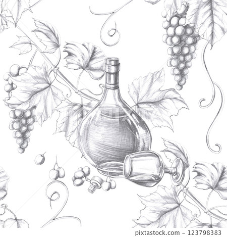 Seamless pattern on white background with bottle of cognac and grapevine. Pencil illustration on food theme for restaurant interior design, menu, culinary magazines. 123798383