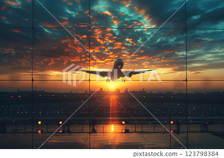 Airplane taking off at the airport, silhouetted view from the terminal in the evening sunset. Airplane taking off at the airport, silhouetted view from the terminal in the evening sunset. 123798384