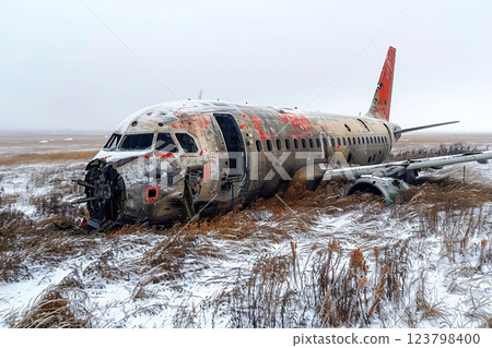 Airplane crash, debris on the ground, smoke-filled disaster on fire. Regular transport aviation emergency. 123798400