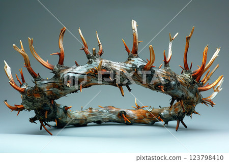 Crown of thorns with thorns close-up, uniform background. Religious Christian concept of sins, punishment. 123798410