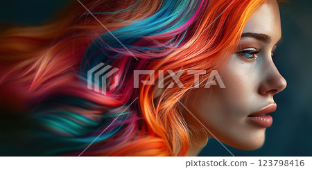 Texture of beautiful hair, background of colored lush female hairstyle. 123798416