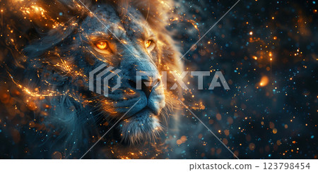 Leo predator with mane, man face symbol of constellation of zodiac horoscope of east, blue fiery neon background. 123798454