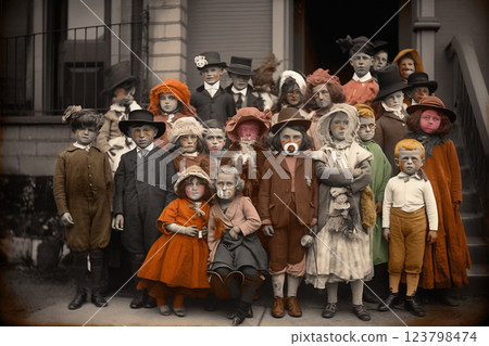 Kids in vintage outfits pose with whimsical hats outside a building in the early 1900s 123798474