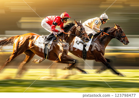 Riders and jockeys on a group of racehorses compete on a racetrack. Great speed in equestrian sports. 123798477