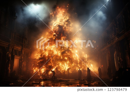 Celebrating the new year with a vibrant bonfire illuminating the night sky in a festive gathering 123798479