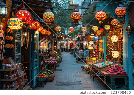 Asian souvenir stall, tourist traditional cultural goods. Handmade decoration. 123798490