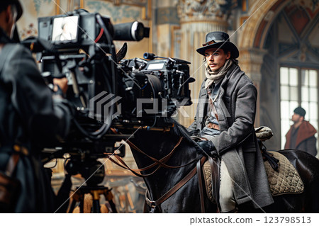 Film studio, filming, cameras, camera work, actors playing in medieval costumes. 123798513
