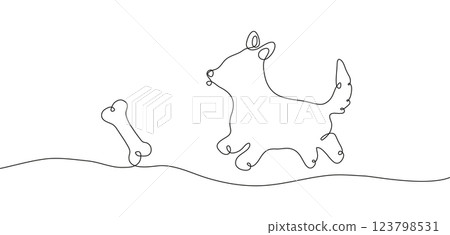 Silhouette of a corgi dog in the style of drawing a continuous line. A puppy runs after a bone, horizontal minimalistic banner. Vector illustration for advertising a dog school, veterinary, pet food. Silhouette of a corgi dog in the style of drawing a continuous line. A puppy runs after a bone, horizontal minimalistic banner. Vector illustration for advertising a dog school, veterinary, pet food. 123798531