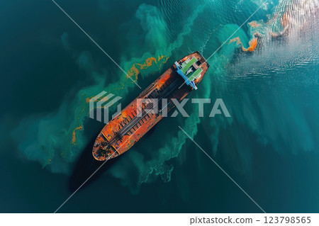 Tanker in accident pollutes nature with oil spill, ecological disaster, leaking ship holes, aerial view from drone. Tanker in accident pollutes nature with oil spill, ecological disaster, leaking ship holes, aerial view from drone. 123798565