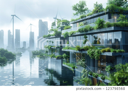 City of the future, wind turbines with green ecological gardens and solar panels. City of the future, wind turbines with green ecological gardens and solar panels. 123798568