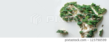 Volumetric toy map with trees, animals surrounded by oceans, continental cartography. 123798599