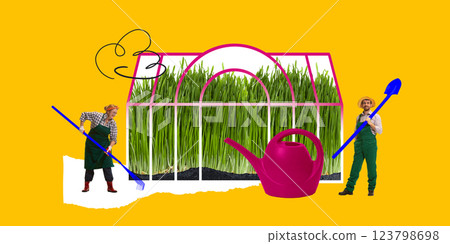 Two farmers tending grass-like plants inside conceptual greenhouse. Sustainable farming, fresh greens 123798698
