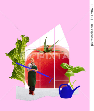 Woman holding garden tool next to giant tomato in surreal greenhouse. Contemporary art collage. Woman holding garden tool next to giant tomato in surreal greenhouse. Contemporary art collage. 123798702