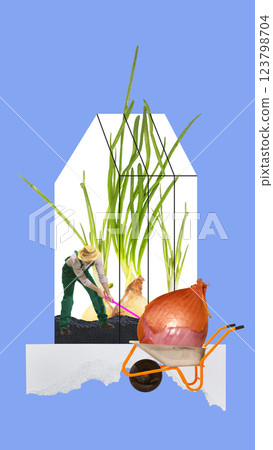 Farmer digging soil beside oversized onions in artistic greenhouse environment. Conceptual art collage. Farmer digging soil beside oversized onions in artistic greenhouse environment. Conceptual art collage. 123798704