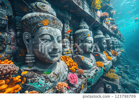 Diving professional sunken city civilization, scuba diver archaeologist among the ruins of columns and statues with colorful corals and fish. 123798709