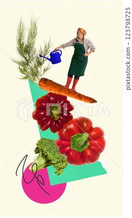 Woman watering oversized vegetables including carrots, bell peppers, and broccoli in abstract collage. 123798725