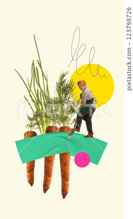Woman digging massive carrots growing from abstract soil with oversized greenery. Concept of organic farming Woman digging massive carrots growing from abstract soil with oversized greenery. Concept of organic farming 123798726
