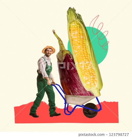 Happy farmer pushing wheelbarrow filled with giant corn and eggplant against light background. Contemporary art collage Happy farmer pushing wheelbarrow filled with giant corn and eggplant against light background. Contemporary art collage 123798727