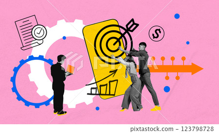 Team collaborating to reach target, surrounded by financial growth symbols, checklists, charts. Goal achievement. Team collaborating to reach target, surrounded by financial growth symbols, checklists, charts. Goal achievement. 123798728
