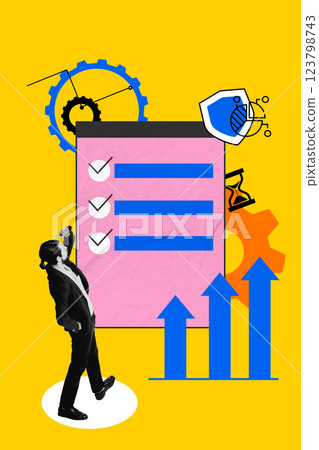 Man looking at completed checklist, surrounded by gears, graphs, financial growth indicators. Business planning 123798743