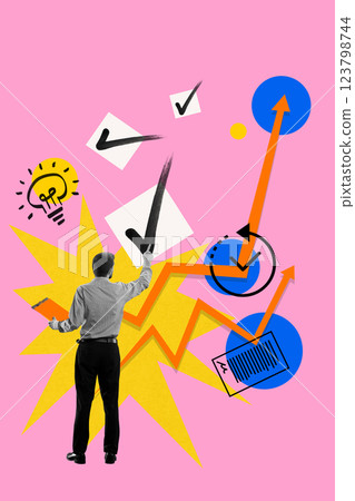 Businessman checking off tasks, surrounded by growth charts, checkmarks, and innovation symbols. Productivity 123798744