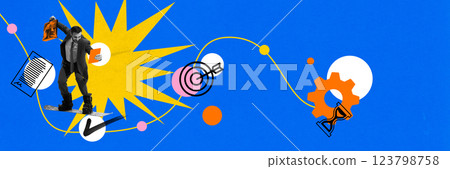Businessman snowboarding on abstract career path, carrying briefcase, surrounded by targets, documents, growth icons. Businessman snowboarding on abstract career path, carrying briefcase, surrounded by targets, documents, growth icons. 123798758