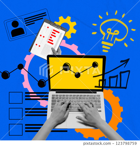 Hands typing on laptop with analytics and data charts, clipboard with checklist, glowing light bulb. Art collage Hands typing on laptop with analytics and data charts, clipboard with checklist, glowing light bulb. Art collage 123798759