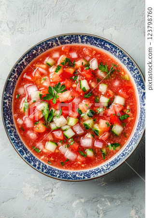 Homemade gazpacho soup in bowl on white marble. Traditional spanish food 123798760
