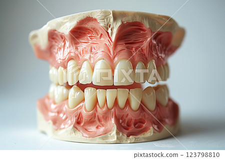 Jaw old vintage with teeth, prosthetics dental medical exhibit, isolate white background. 123798810