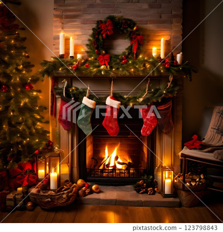 Christmas Mantel with Stockings, Wreath, and Warm Candlelight Decor 123798843