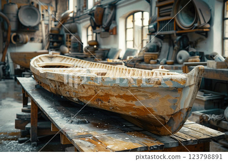 An old vintage fishing boat, wooden with peeling paint, abandoned and broken in the workshop port. 123798891