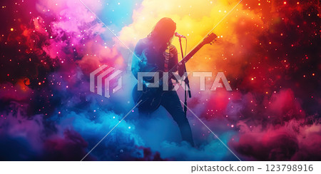 Musical concert with spectators, festival party in smoke silhouette of group. Disco in nightclub. 123798916