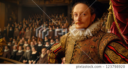 Shakespeare William, Edward de Vere playwright and English writer. author of tragedies, comedies and sonnets. In a gorger in a suit in the theater. 123798920