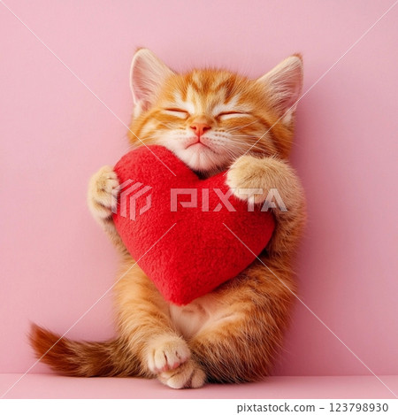 cute kitten hugs toy heart and confesses love, on pink background, wedding card, background with red hearts, atmosphere love, party invitation 123798930