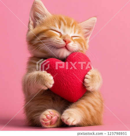 cute kitten hugs toy heart and confesses love, on pink background, wedding card, background with red hearts, atmosphere love, party invitation 123798931