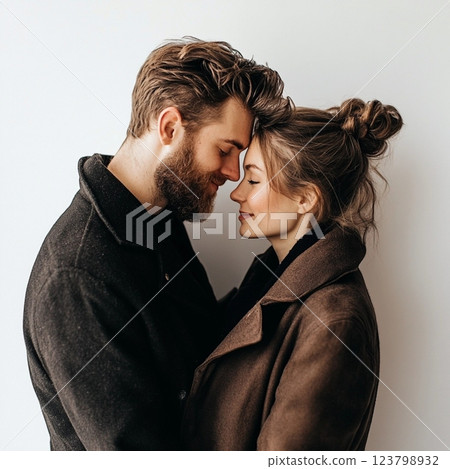 Real love. Beautiful young couple bonding and smiling while sitting in the bedroom. Postcard for couple in love, wedding card, atmosphere of love devotion h 123798932