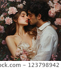 Real love. Beautiful young couple bonding and smiling while sitting in the bedroom. Postcard for couple in love, wedding card, atmosphere of love devotion h 123798942