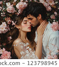 Real love. Beautiful young couple bonding and smiling while sitting in the bedroom. Postcard for couple in love, wedding card, atmosphere of love devotion h 123798945