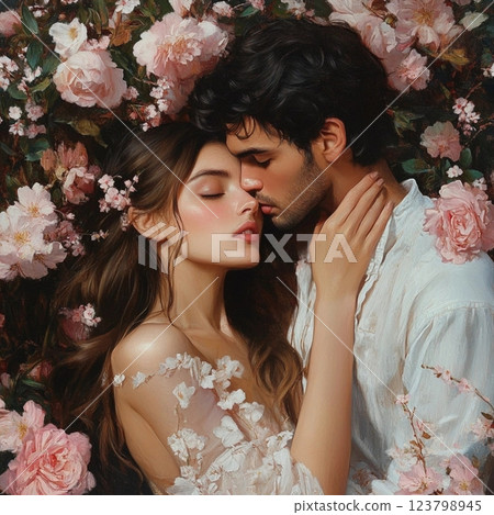 Real love. Beautiful young couple bonding and smiling while sitting in the bedroom. Postcard for couple in love, wedding card, atmosphere of love devotion h 123798945