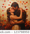 Vintage postcard, for couple in love, woman and man in love, young couple with red hearts on background, birthday card, wedding card, atmosphere of love devotion happiness romance nostalgia 123798950