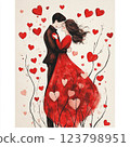 Vintage postcard, for couple in love, woman and man in love, young couple with red hearts on background, birthday card, wedding card, atmosphere of love devotion happiness romance nostalgia 123798951