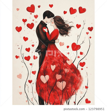 Vintage postcard, for couple in love, woman and man in love, young couple with red hearts on background, birthday card, wedding card, atmosphere of love devotion happiness romance nostalgia Vintage postcard, for couple in love, woman and man in love, young couple with red hearts on background, birthday card, wedding card, atmosphere of love devotion happiness romance nostalgia 123798951