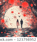 Vintage postcard, for couple in love, woman and man in love, young couple with red hearts on background, birthday card, wedding card, atmosphere of love devotion happiness romance nostalgia 123798952