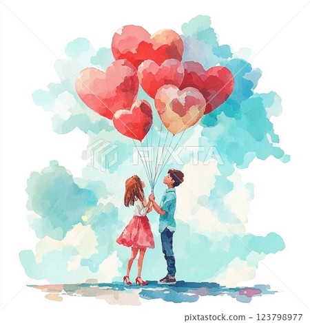 Girl and boy in love holding heart-shaped balloons, young couple in love bonding and smiling kissing, hearts, painted wedding card, atmosphere of love devotion romance 123798977