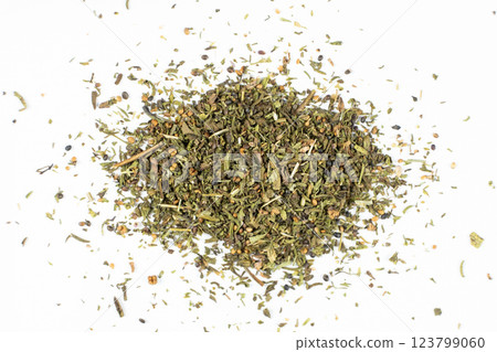 Culinary savory dried herb seasoning on white background top view. 123799060