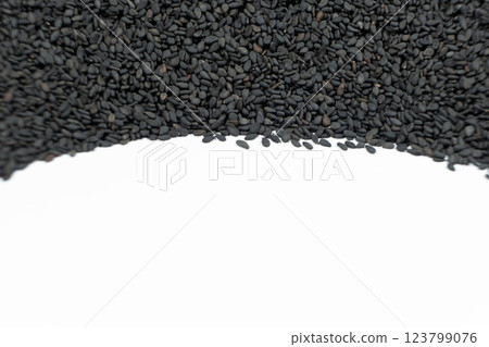 Black sesame seeds scattered on a white background place for text Black sesame seeds scattered on a white background place for text 123799076