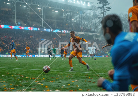 Football player dribbling with a ball in a sports game. Evening stadium with spectators at the championship. 123799098