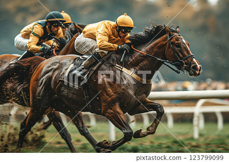 Riders and jockeys on a group of racehorses compete on a racetrack. Great speed in equestrian sports. Riders and jockeys on a group of racehorses compete on a racetrack. Great speed in equestrian sports. 123799099